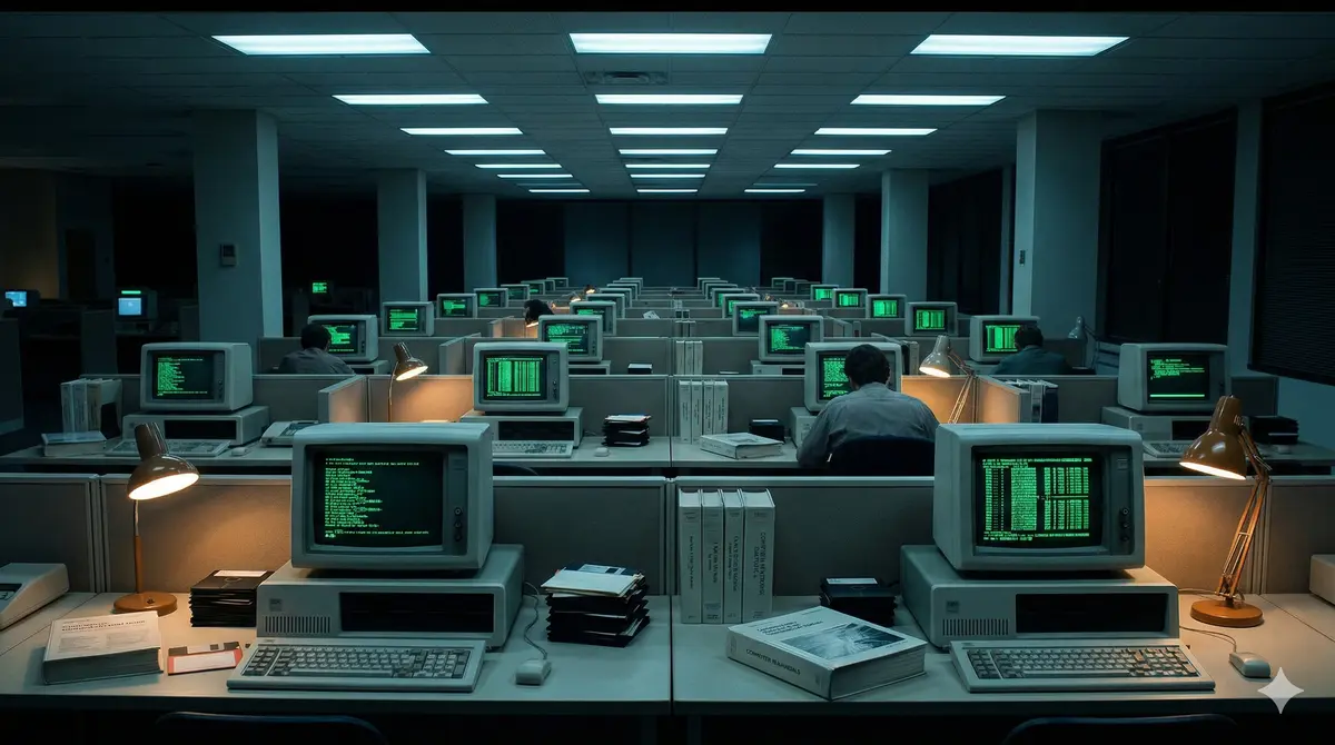 Oficina corporativa años 80 con IBM PCs