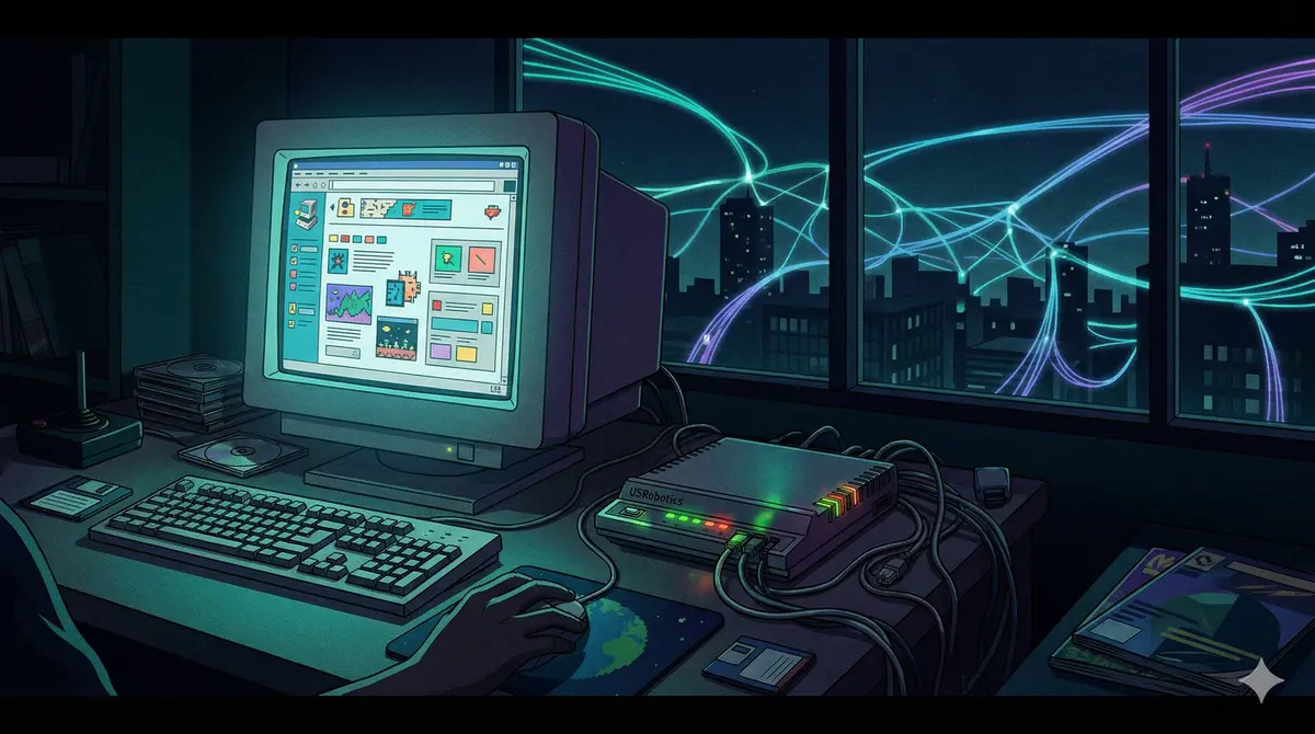 Escritorio con modem y monitor CRT de los 90